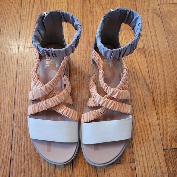 Sorel 7  ELLA II Ankle Strap Orange Grey Summer Sandals Flats - Picture 3 of 9